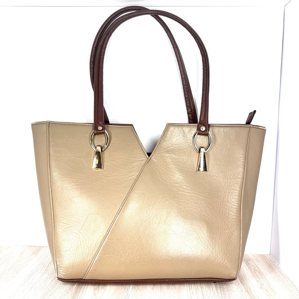 Medussa‎ Vintage Tan Leather Tote Shoulder Purse Brown Handles Zip Top Bag